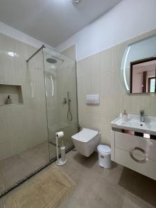 a bathroom with a shower and a toilet and a sink at Hotel Vellezrit Guri in Theth +29 photos