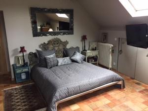 a bedroom with a bed and a mirror on the wall at Les Poiriers Rouges in Mauchamps