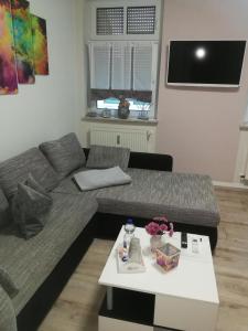 a living room with a couch and a table at Lindenblüte in Seehausen