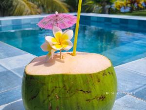 a drink with two flowers and a pink umbrella at The Clifftop Home Deluxe in Esperanza
