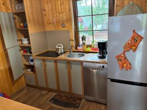 a kitchen with a stainless steel refrigerator and a sink at Alga in Mrzeżyno