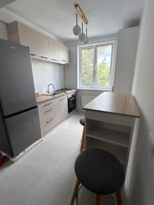 a kitchen with a refrigerator and a table and chairs at Caro Central Apartament 3 Camere in Râmnicu Vâlcea