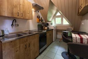 a kitchen with a sink and a stove at Sári Apartman in Balatonalmádi