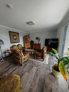 a living room with couches and a flat screen tv at Apartman Leo in Mariánské Lázně