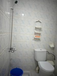 a small bathroom with a toilet and a shower at Catalan in Martil +6 photos