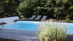 a swimming pool with lounge chairs next to a wooden deck at La Chambre du Meunier in Laiz
