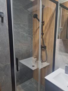 a shower in a bathroom with a glass door at Lunar Apartament in Augustów