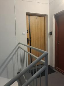 a staircase with a wooden door in a building at Lunar Apartament in Augustów