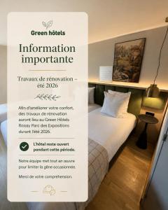 a sign for a hotel room with a bed at Greenhotels Roissy Parc des Expositions in Tremblay-En-France