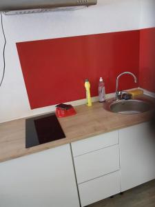 a kitchen counter with a sink and a red wall at Appartement entier in Montmarault