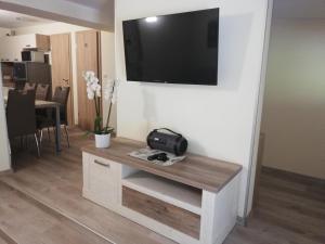 a living room with a table with a television on a wall at Apartma Dečko Rogaška in Rogaška Slatina