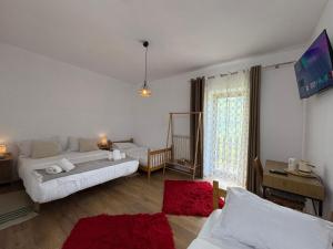 a living room with two beds and a tv at Hotel Vellezrit Guri in Theth