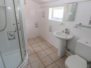 a bathroom with a toilet sink and a shower at Daffodil Cottage in Treorky +26 photos