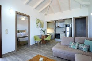 a living room with a couch and a kitchen at Georgia Villas in Drymon