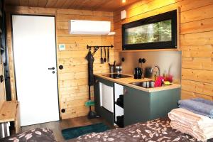 a kitchen in a tiny house with a sink at PRIVAATNE Metsamajake SAUNAGA "VULIN" in Sigula