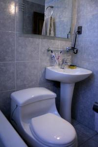 a bathroom with a white toilet and a sink at Pascua 2-baño compartido in Santiago +6 photos