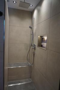 a shower in a bathroom with a picture on the wall at Komfort Appartements Talbach in Hippach +19 photos