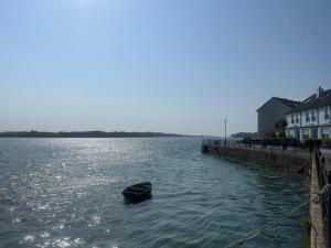 a boat sitting in the water next to a dock at Buttercup Cottage in Dundrum