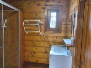 a bathroom with a toilet and a sink and a window at Loue chalet in Bias +13 photos