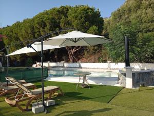a table and chairs under an umbrella next to a pool at Cabaña Cala Blanca II in Málaga