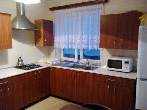 a kitchen with a sink and a microwave and a window at Pokoje Augustów 5 osobowy i 3 osobowy in Augustów