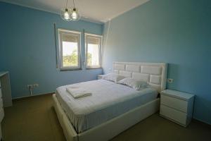 a blue bedroom with a bed and a window at Neni apartament in Velipojë +14 photos
