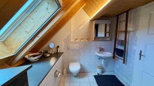 a bathroom with a sink and a toilet and a window at Rosenhüsli in Gerzensee +19 photos