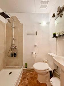 a bathroom with a toilet and a sink and a shower at casa rural excentrico alcala in Vélez de Benaudalla +35 photos