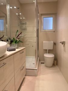 a bathroom with a shower and a toilet and a sink at Apartment Francos in Primošten +19 photos