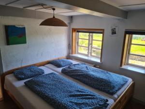 a bedroom with two beds and two windows at Ferienhaus Sommer in Nordborg