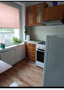 a kitchen with a white stove and a refrigerator at Centrum 3 łóżka Roosevelta 47 in Piła