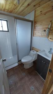 a small bathroom with a toilet and a sink at Cabañas Aguapiedras in Linares +22 photos