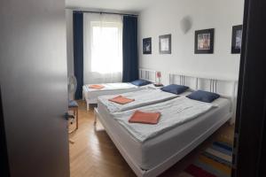 a bedroom with two beds and a window at Apartment Maximilian in Bratislava
