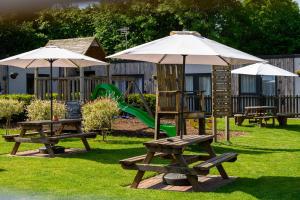 a park with benches and umbrellas and a playground at Shenstone Lodge in Kidderminster