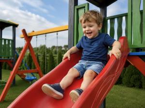 a young boy sitting on a slide at a playground at Domki La Plata in Łeba