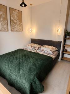 a bedroom with a bed with a green comforter at Apartmán na Rohu I in Malacky