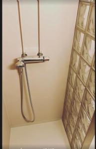 a shower in a bathroom with a shower curtain at Otta Studio apartment in Sel