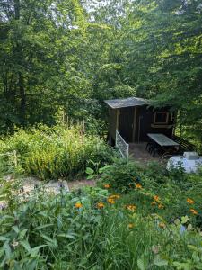 a small shed with a picnic table in a garden at Kleiner Fuchsbau in Kleinern