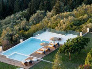 an overhead view of a swimming pool with two umbrellas at Anemones Villas by Omikron Selections in Spanokhórion