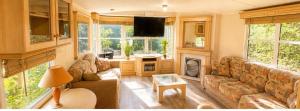 a living room with a couch and a fireplace at Parc Montana - Mobile home in Gassin