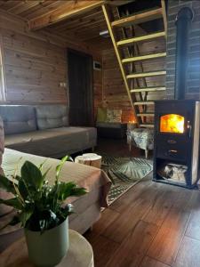 a living room with a fireplace and a couch at Hygge in Brenno