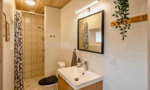 a bathroom with a sink and a toilet and a mirror at VE087-Vejers-Strand-Jafdalvej-41 in Vejers Strand +24 photos