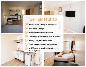 a collage of photos of a living room and a kitchen at Studio tout équipé calme et lumineux Roubaix in Roubaix +3 photos