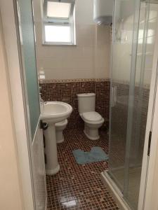 a bathroom with a toilet and a sink and a shower at Vila Era in Shëngjin +6 photos