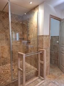 a bathroom with a shower with a glass door at Gîte Acellu in Bonifacio +36 photos