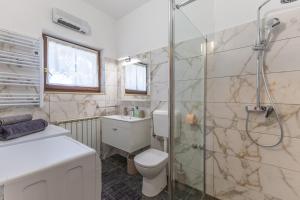 a bathroom with a toilet and a shower at Green Oasis with Terrace in Pazin +18 photos