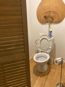 a bathroom with a toilet with a fan above it at Room in a garden Late CHECKOUT in Ghent