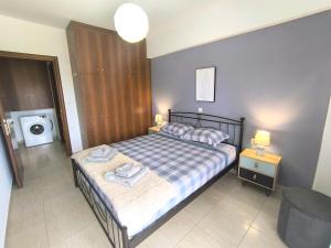 a bedroom with a bed and a washing machine at Tranquil central apartment in Ampavris