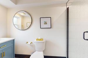 a bathroom with a toilet and a mirror at Steps to Dtwn & Rock River! Couples Retreat in Janesville +16 photos
