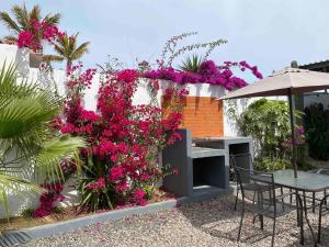 a garden with pink flowers and a table and an umbrella at Estudio #2 a 5 min del malecon in La Paz